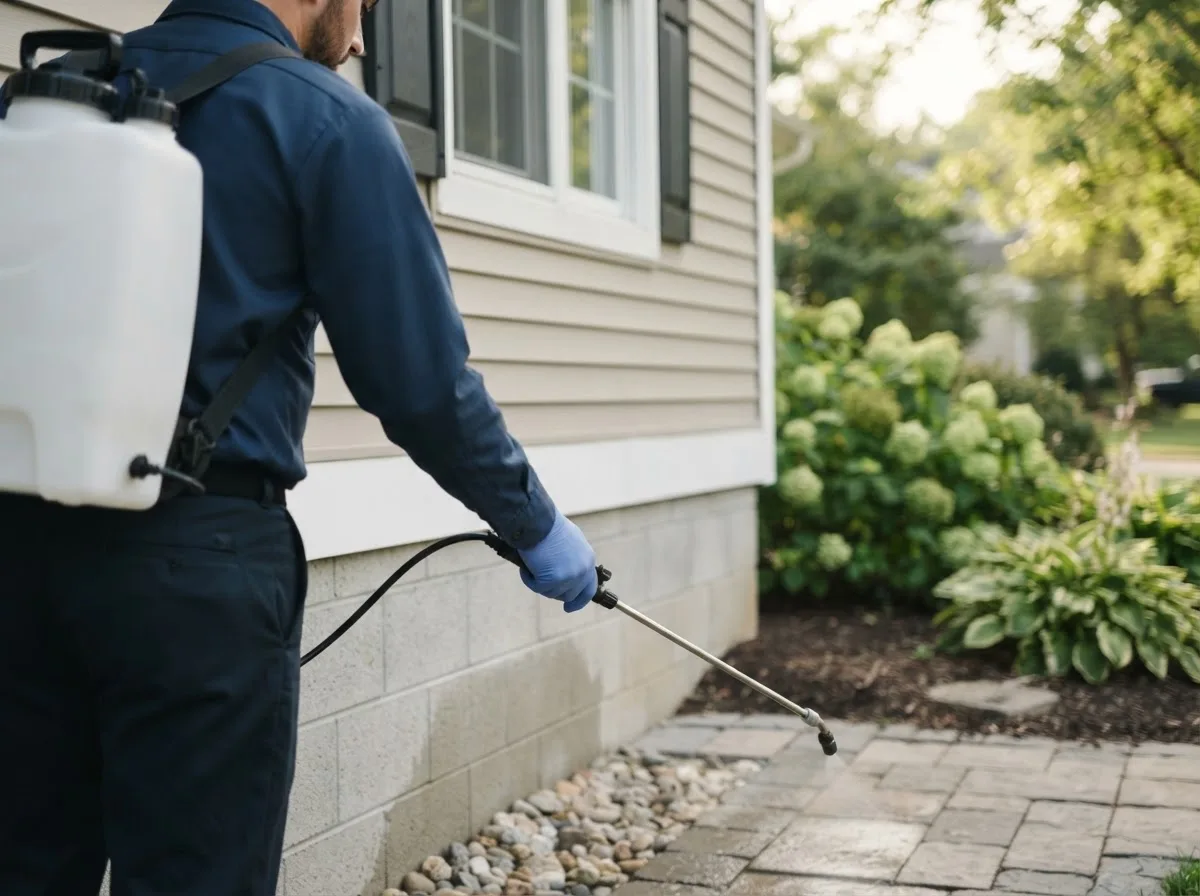 Pest control technician inspecting a home in Oakdale, NY